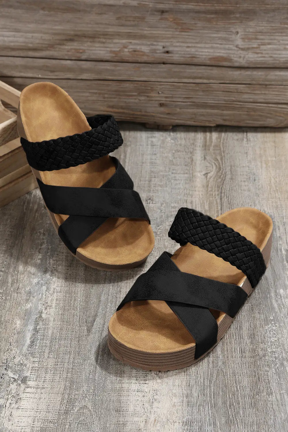 Black braided detail criss cross platform slippers