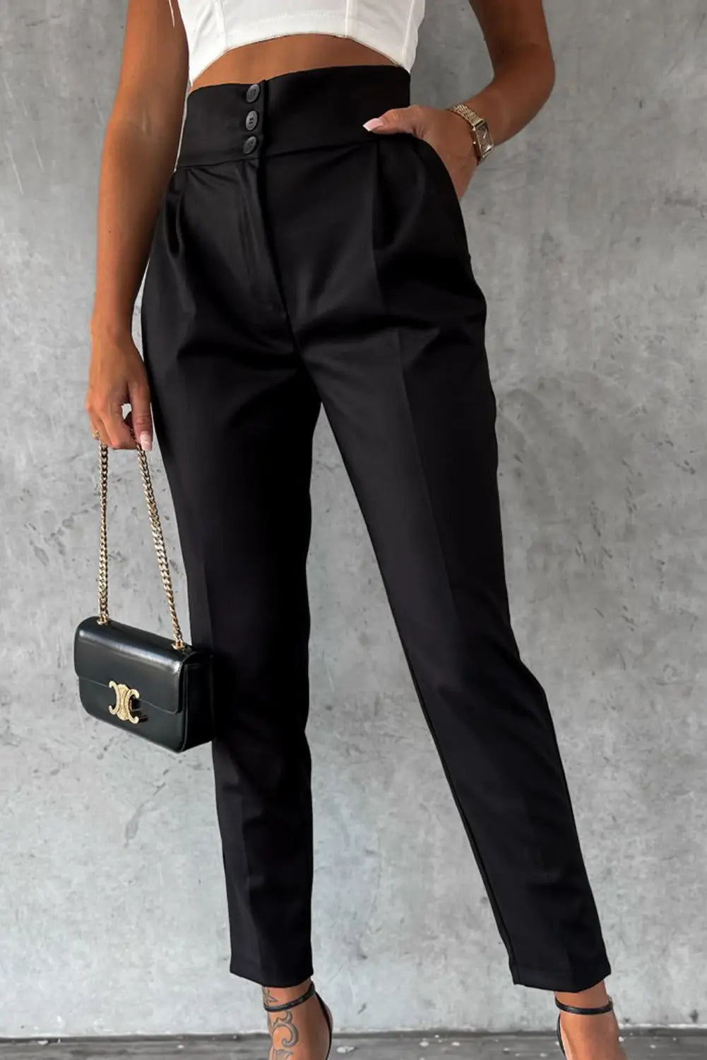 Black button high waist tapered pants - 6 / 90% polyester + 10% elastane - skinny