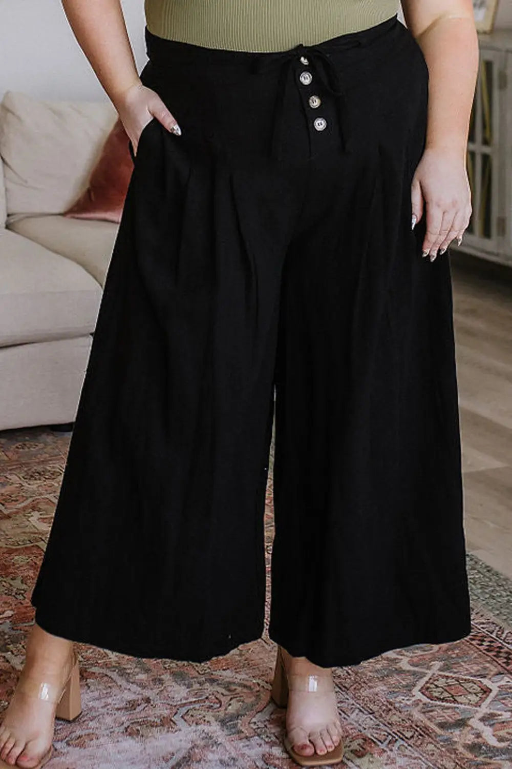 Black buttoned lace-up waist wide leg plus size pants - 1x /