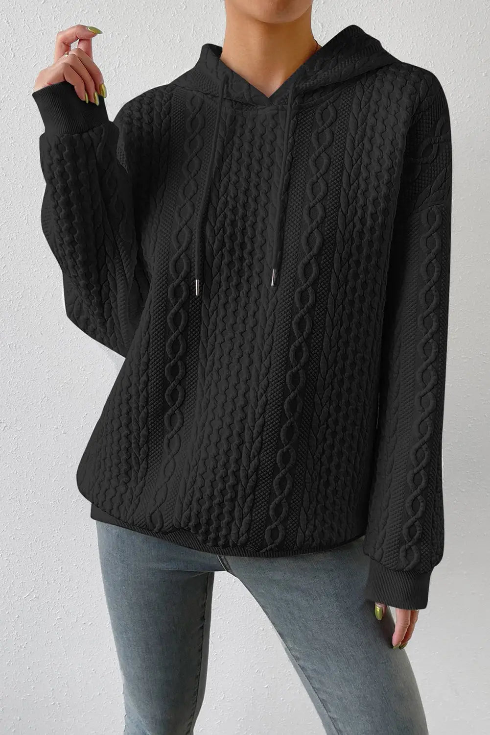 Black cable textured casual drawstring hoodie - l / 95% polyester + 5% elastane - sweatshits & hoodies
