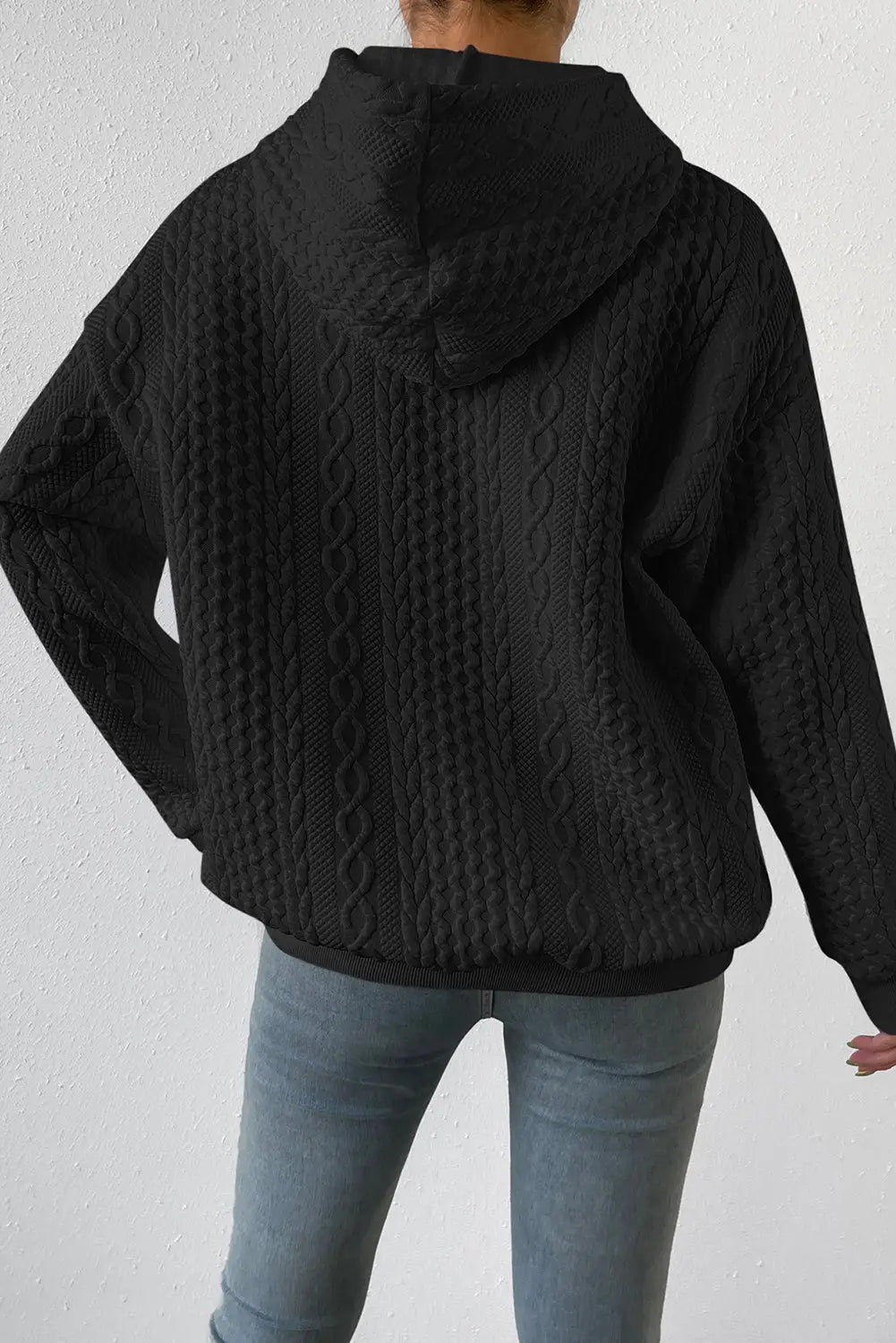 Black cable textured casual drawstring hoodie - sweatshits & hoodies