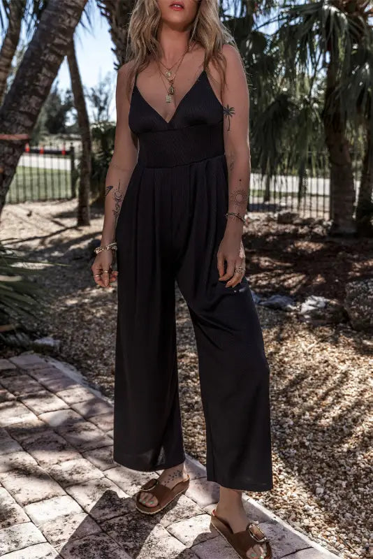 Black cami jumpsuit - wide leg high waist sexy v-neck - s / 95% polyester + 5% elastane - bottoms/jumpsuits & rompers