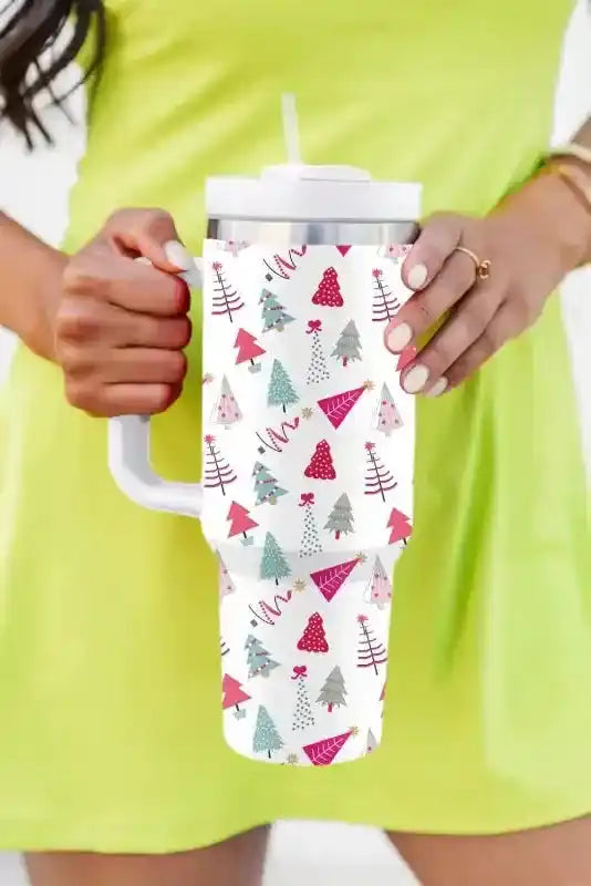 Cartoon Christmas Tree Thermos Cup with festive red and green tree prints, featuring a handle and straw, ideal for holiday beverages on the go.