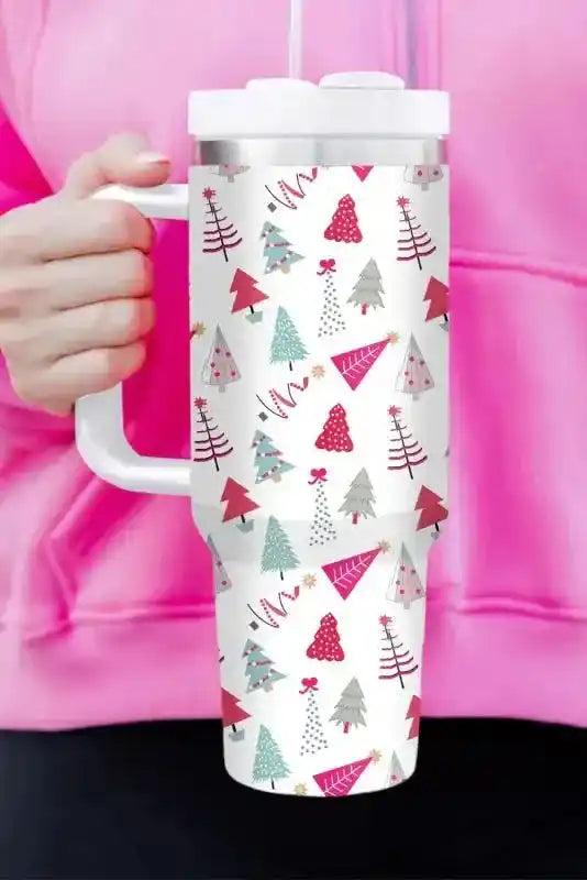 White Cartoon Christmas Tree Thermos Cup with festive tree print, straw, and handle, perfect for winter drinks and holiday cheer.