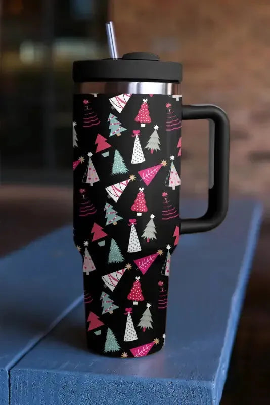 Black Cartoon Christmas Tree Printed Thermos Cup - Fashionfitz