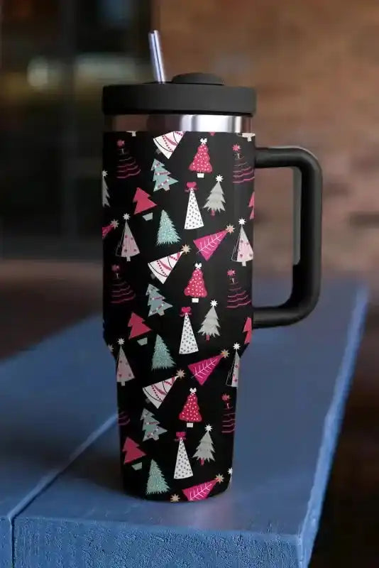 Black cartoon printed Christmas thermos cup with festive tree design, ideal for gifting or enjoying drinks in winter.