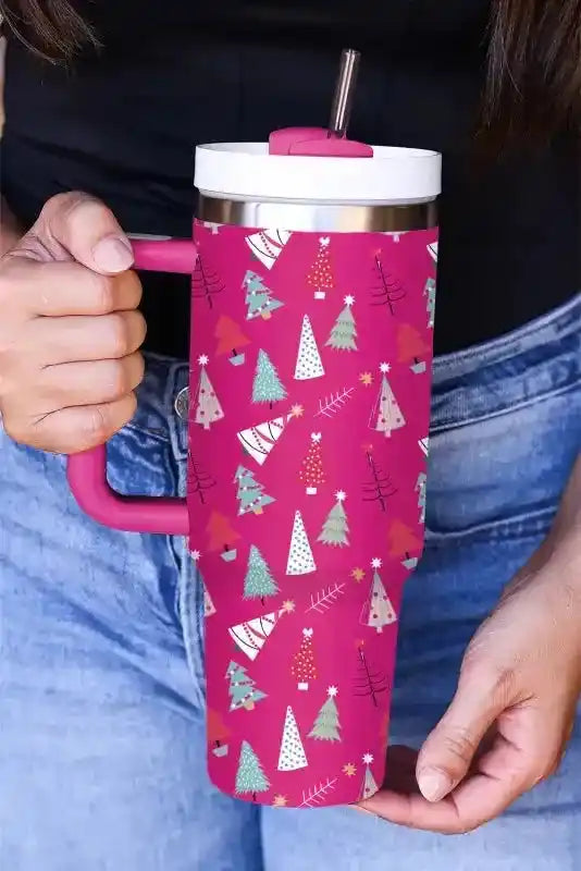 Pink Cartoon Christmas Tree Thermos Cup with festive tree print, straw, and handle, ideal for stylish seasonal sipping.