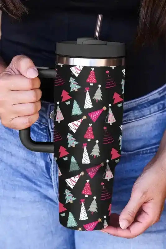 Black Christmas tree printed thermos cup with festive cartoon design, perfect for hot cocoa or coffee during the holidays.