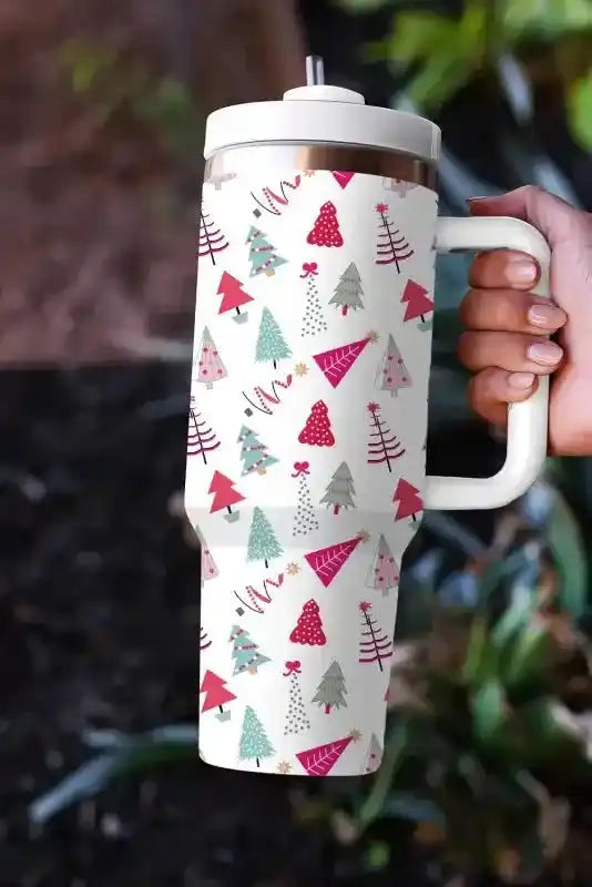 Holiday-themed Cartoon Christmas Tree Thermos Cup with vibrant tree designs, ergonomic handle, and straw for seasonal sipping convenience.
