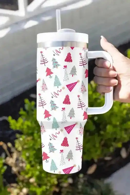 Cartoon Christmas Tree Thermos Cup with playful red and green tree prints, straw lid, and handle, great for festive drinkware collections.