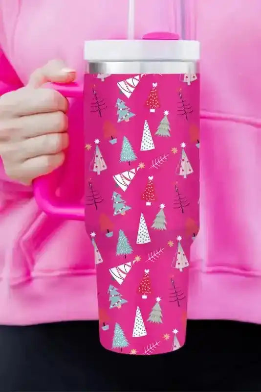 Pink Christmas tree printed thermos cup with festive cartoon design, ideal for gifting or enjoying warm drinks during winter.
