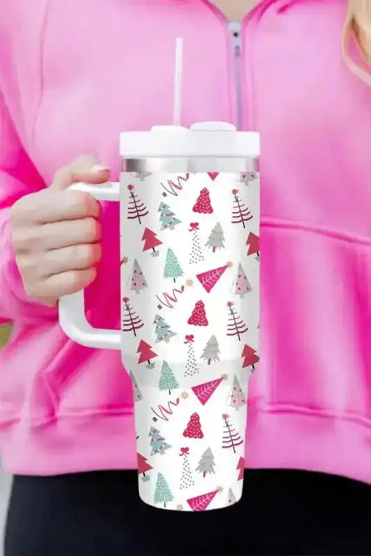 Printed Cartoon Christmas Tree Thermos Cup with whimsical holiday tree design, straw lid, and handle, perfect for festive hot or cold drinks.