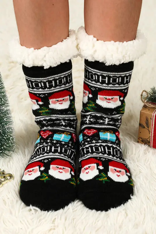 Black cartoon santa claus christmas fleece socks - one size / 100% cotton - accessories