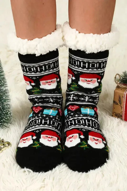 Black Cartoon Santa Claus Christmas Fleece Socks - Fashionfitz