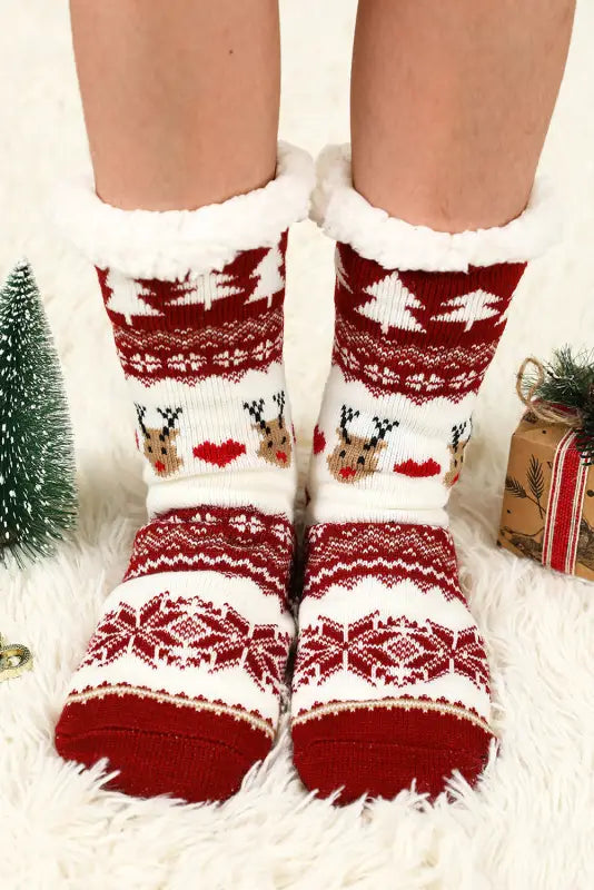 Black cartoon santa claus christmas fleece socks - fiery red / one size / 100% cotton - accessories