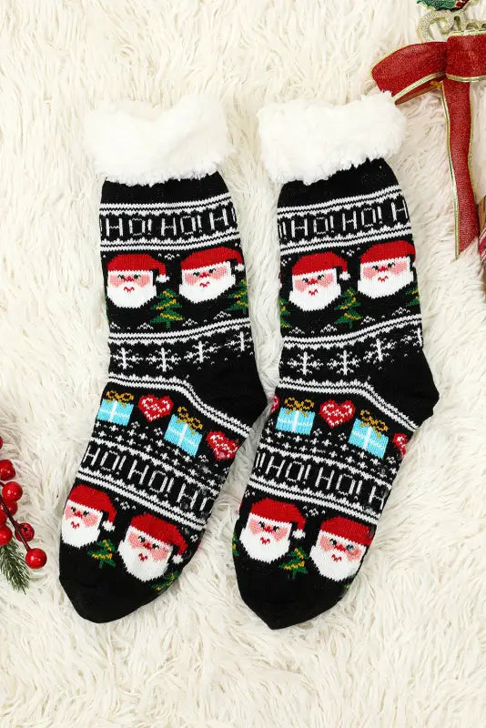 Black cartoon santa claus christmas fleece socks - accessories