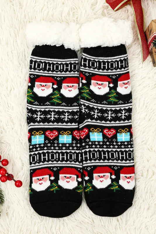 Black cartoon santa claus christmas fleece socks - accessories