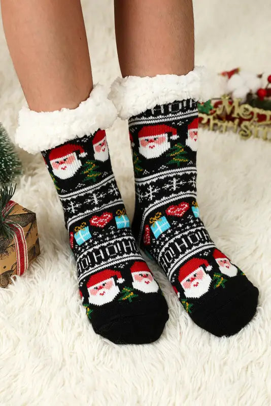 Black cartoon santa claus christmas fleece socks - accessories