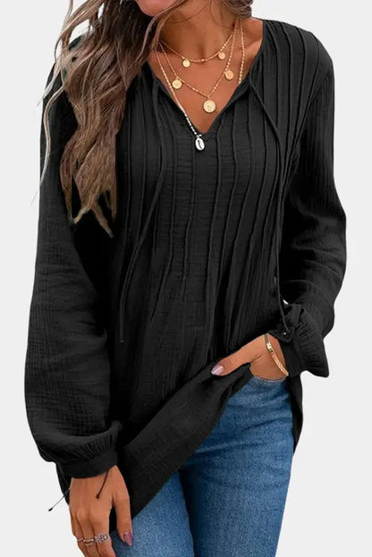 Black casual pleated v neck textured loose top - s / 100% cotton - long sleeve tops