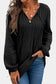 Black casual pleated v neck textured loose top - s / 100% cotton - long sleeve tops