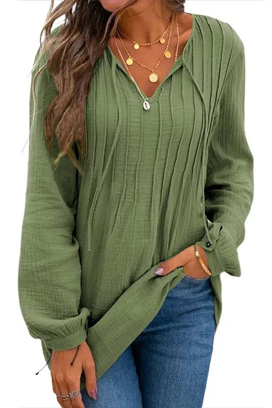 Black casual pleated v neck textured loose top - long sleeve tops