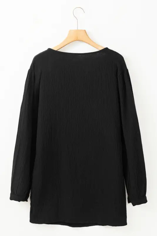 Black casual pleated v neck textured loose top - long sleeve tops