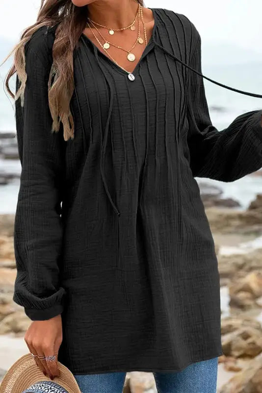 Black casual pleated v neck textured loose top - long sleeve tops