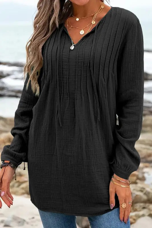 Black casual pleated v neck textured loose top - long sleeve tops