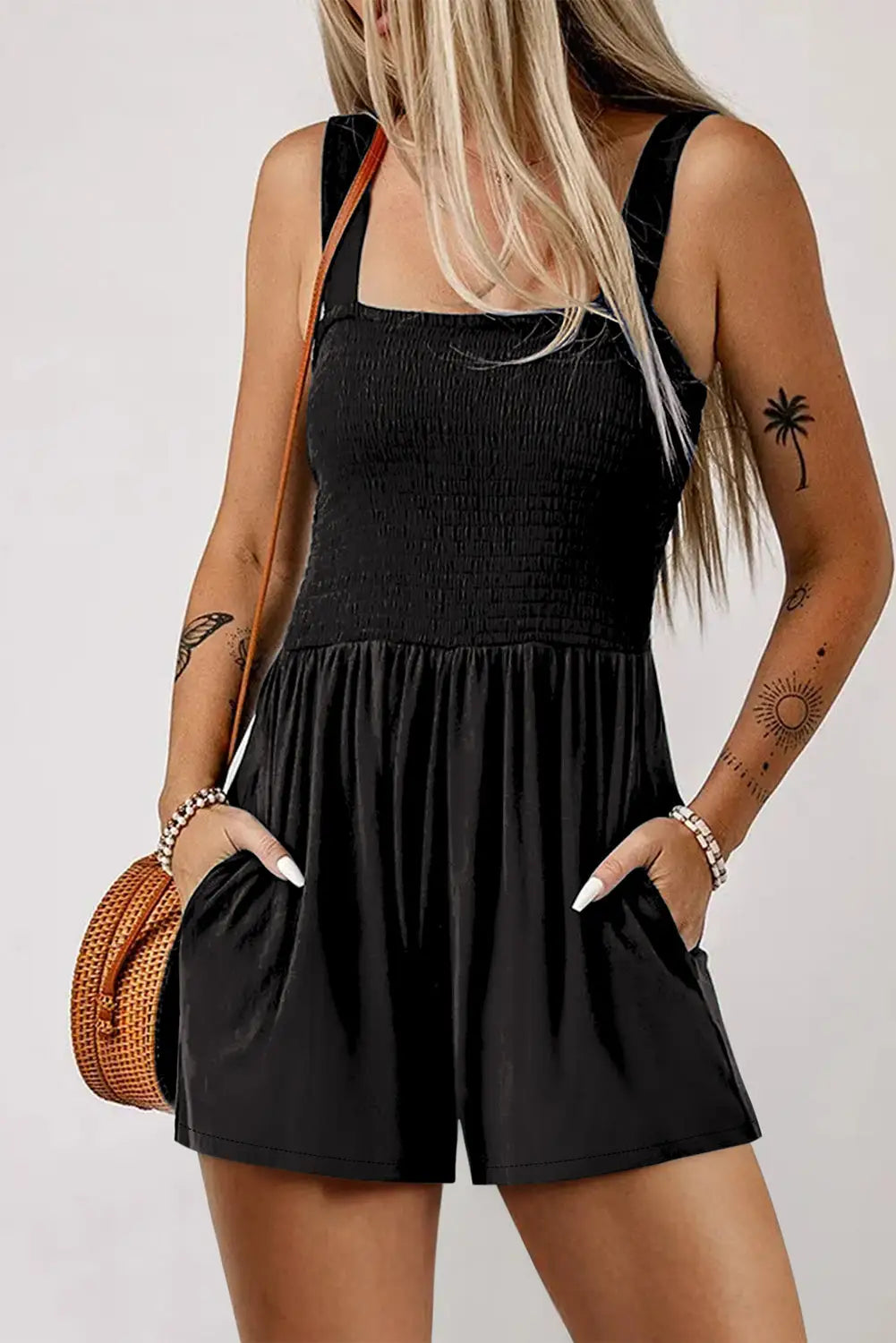 Black casual smocked sleeveless romper - s / 100% polyester - rompers