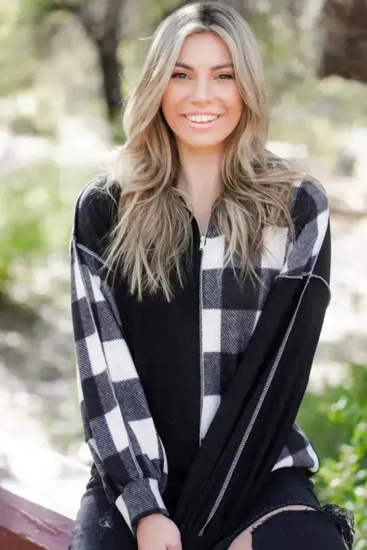 Black Checkboard Patchwork Exposed Stitching Collared Top - Fashionfitz