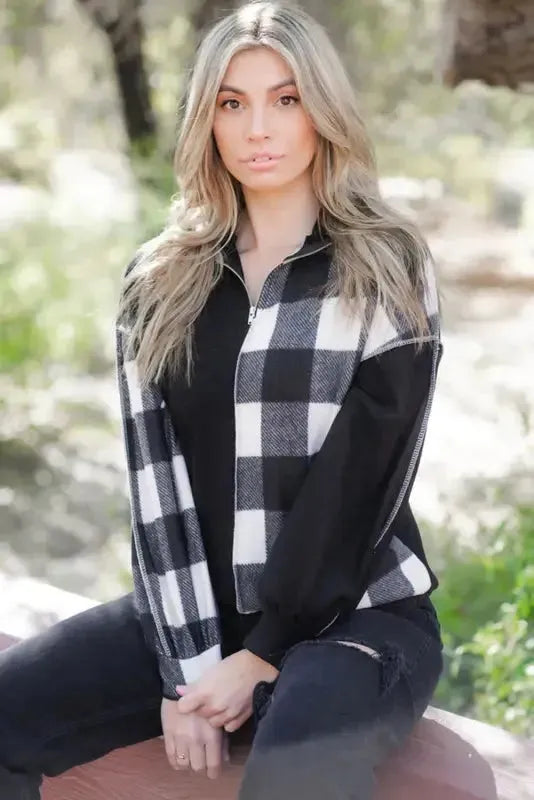 Black Checkboard Patchwork Exposed Stitching Collared Top - Fashionfitz