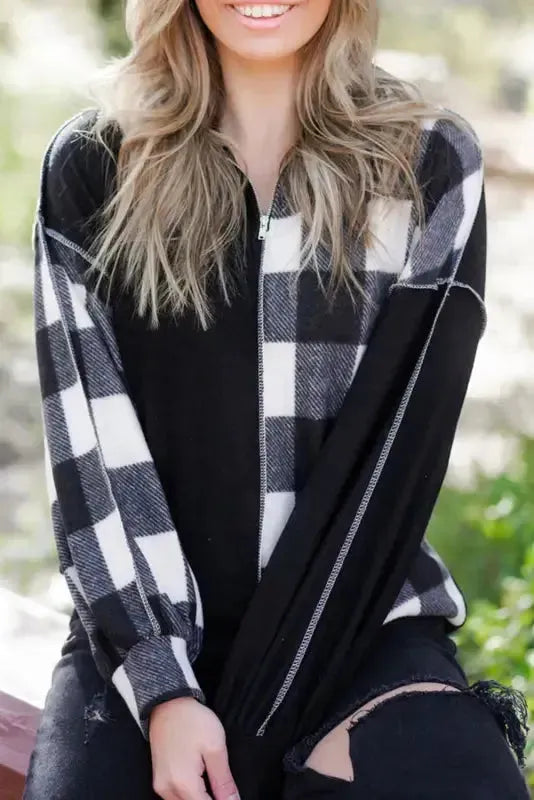 Black Checkboard Patchwork Exposed Stitching Collared Top - Fashionfitz