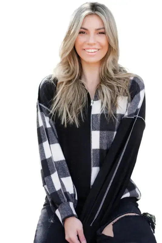 Black Checkboard Patchwork Exposed Stitching Collared Top - Fashionfitz