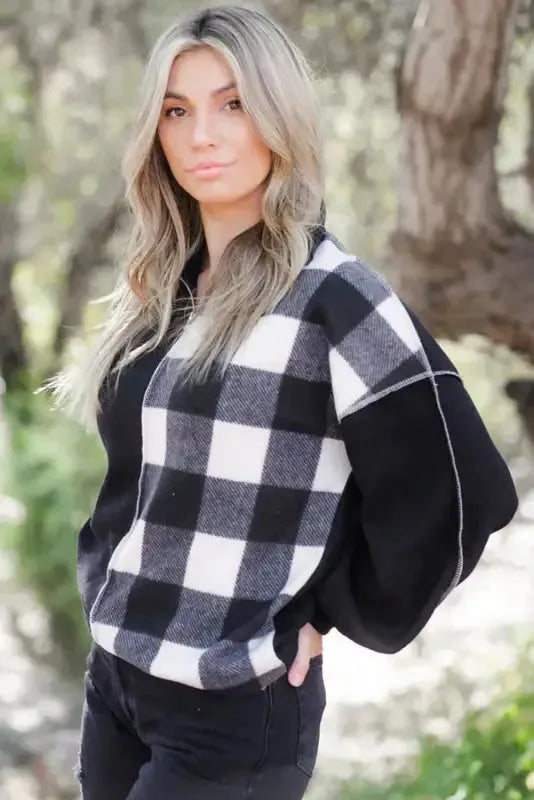 Black Checkboard Patchwork Exposed Stitching Collared Top - Fashionfitz