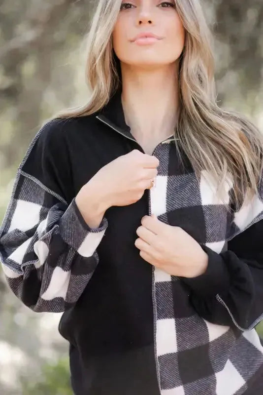 Black Checkboard Patchwork Exposed Stitching Collared Top - Fashionfitz