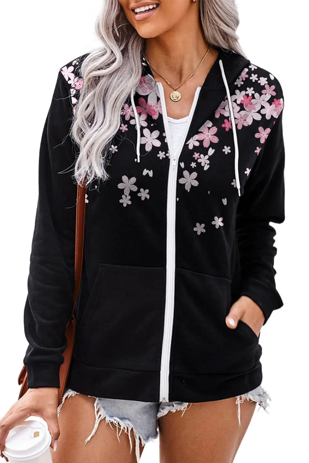 Black cherry blossoms print pocketed zipped hooded coat