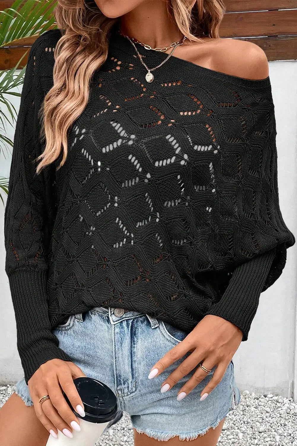 Black chic rhombus knit dolman sleeve sweater - l 100% acrylic sweaters & cardigans