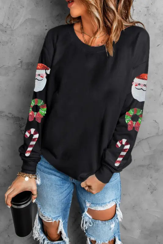 Black christmas pattern sequined crewneck sweatshirt - graphic sweatshirts