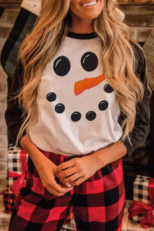 Black christmas snowman face print color block top - graphic tops