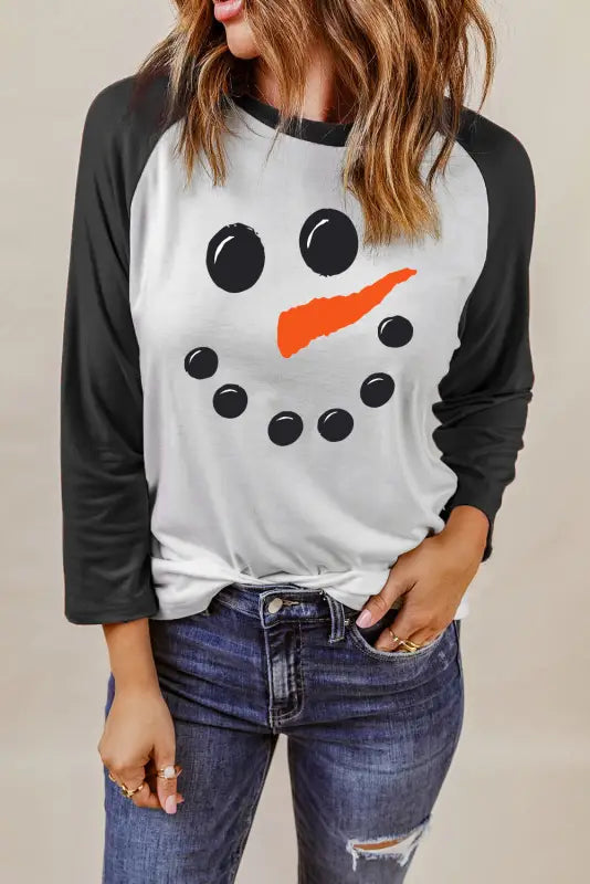 Black christmas snowman face print color block top - graphic tops