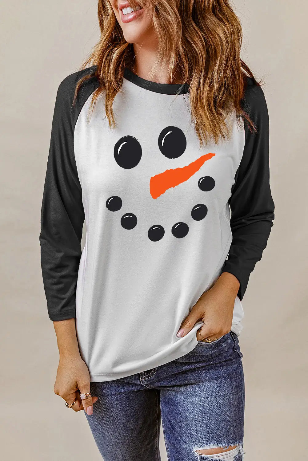 Black christmas snowman face print color block top - graphic tops