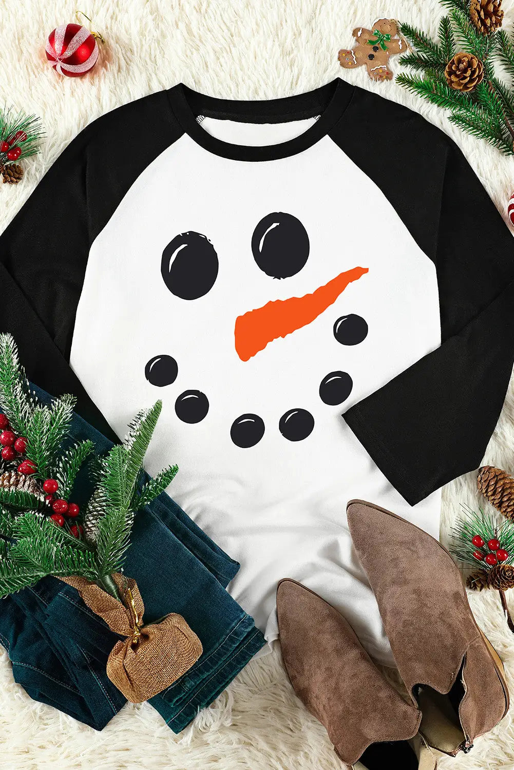 Black christmas snowman face print color block top - graphic tops