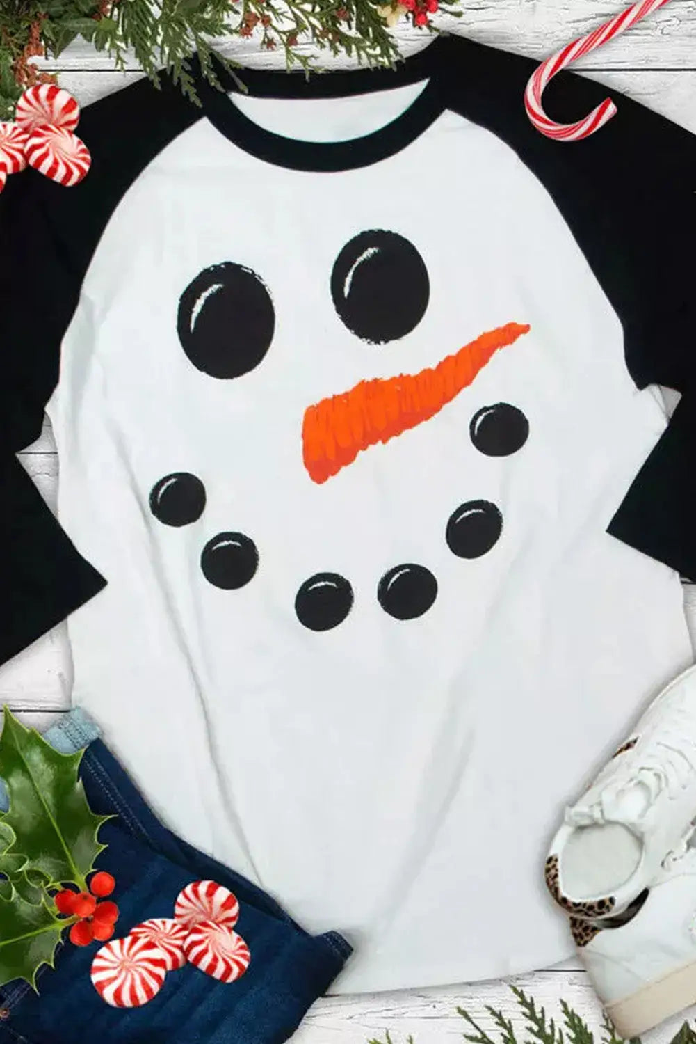Black christmas snowman face print color block top - graphic
