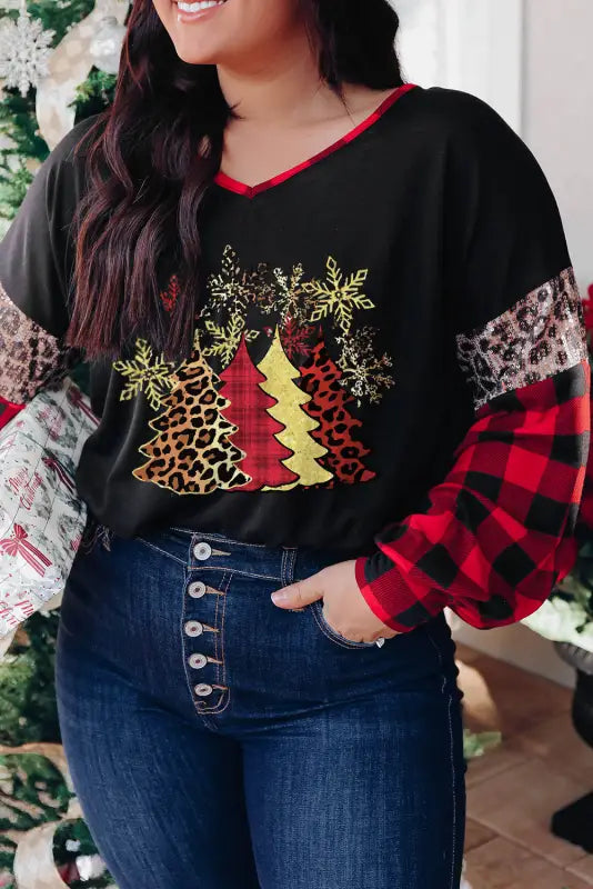 Black christmas tree plaid leopard sequin plus size top