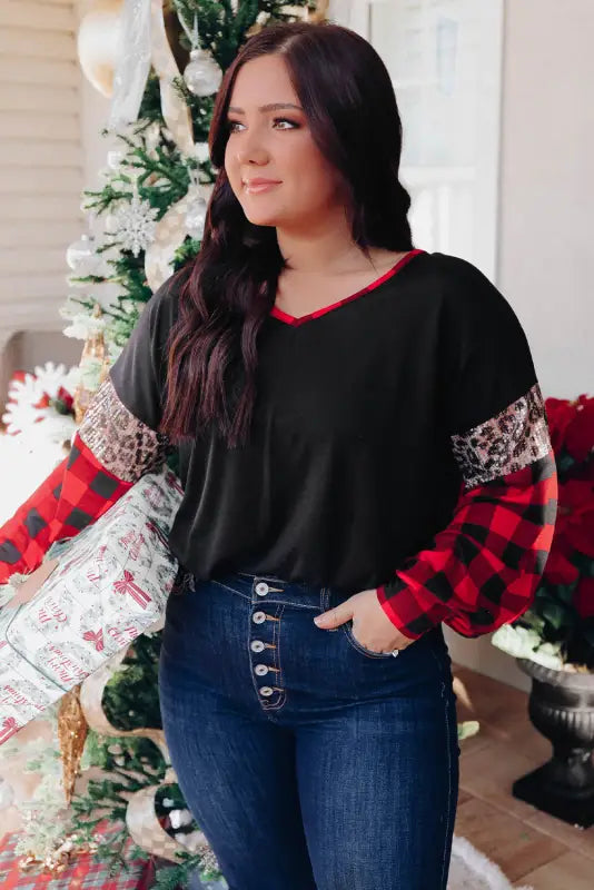 Black christmas tree plaid leopard sequin plus size top