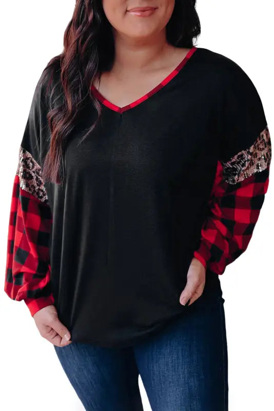 Black christmas tree plaid leopard sequin plus size top