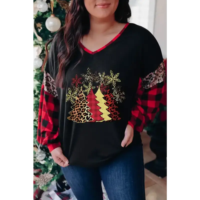 Black christmas tree plaid leopard sequin plus size top