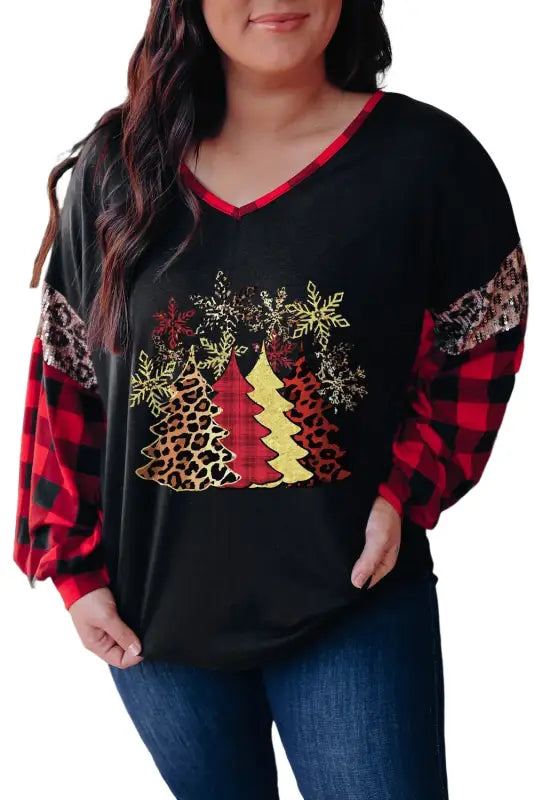 Black christmas tree plaid leopard sequin plus size top