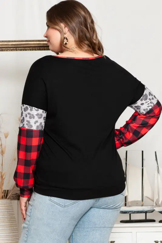 Black christmas tree plaid leopard sequin plus size top