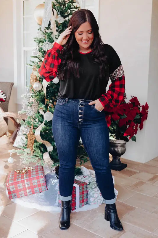 Black christmas tree plaid leopard sequin plus size top